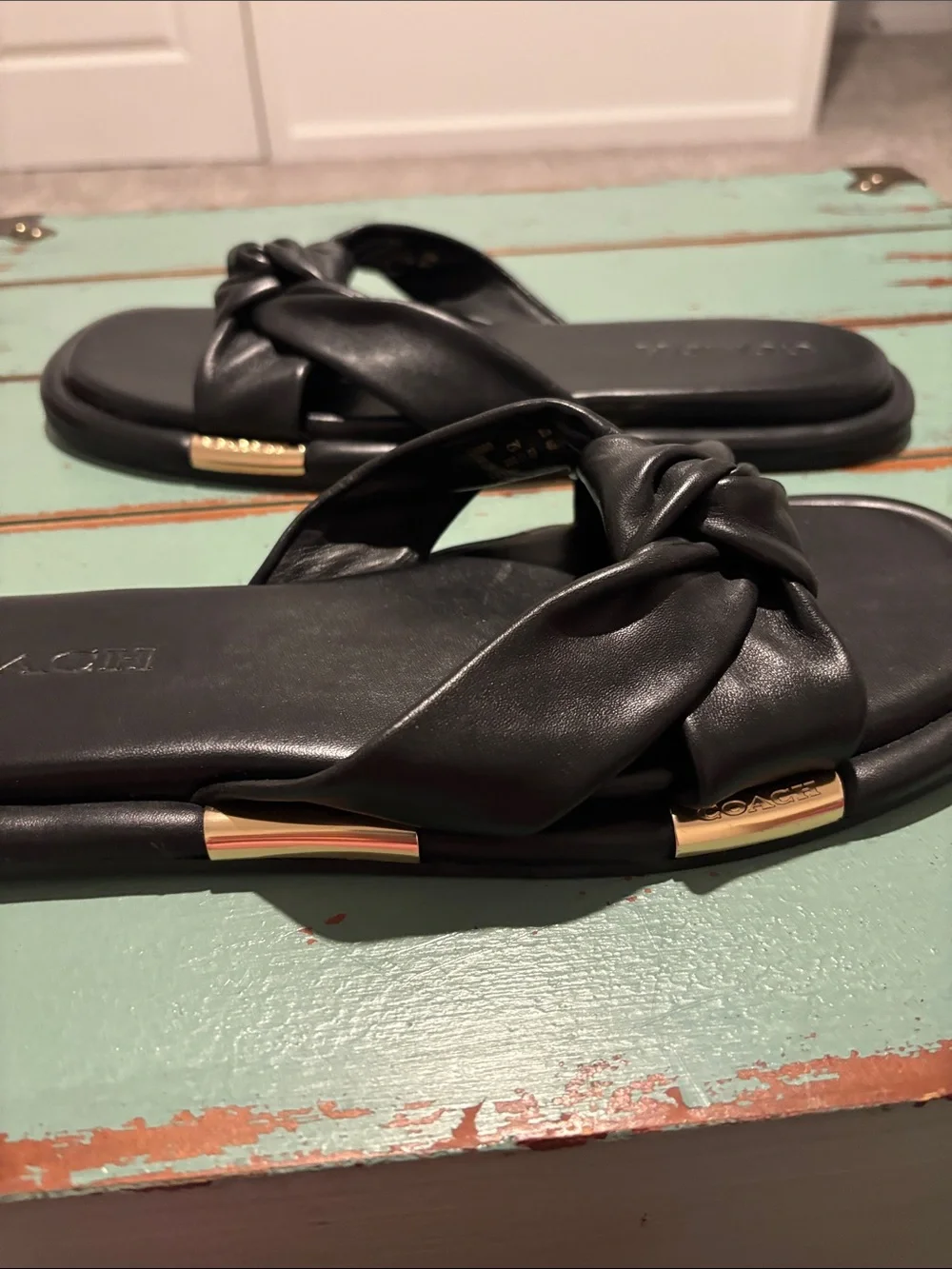 NWOT Coach Black Knotted Leather Slide Sandals with Gold Accents - Women